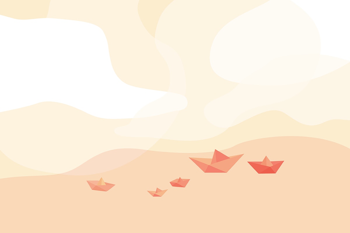 painting of paper boats on an orange yellow white background