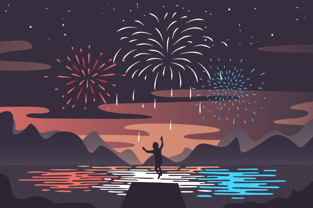 cartoon of young boy with fireworks in the sky