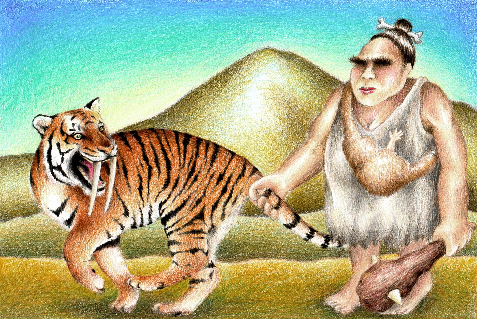 Early man taming a wild saber tooth tiger