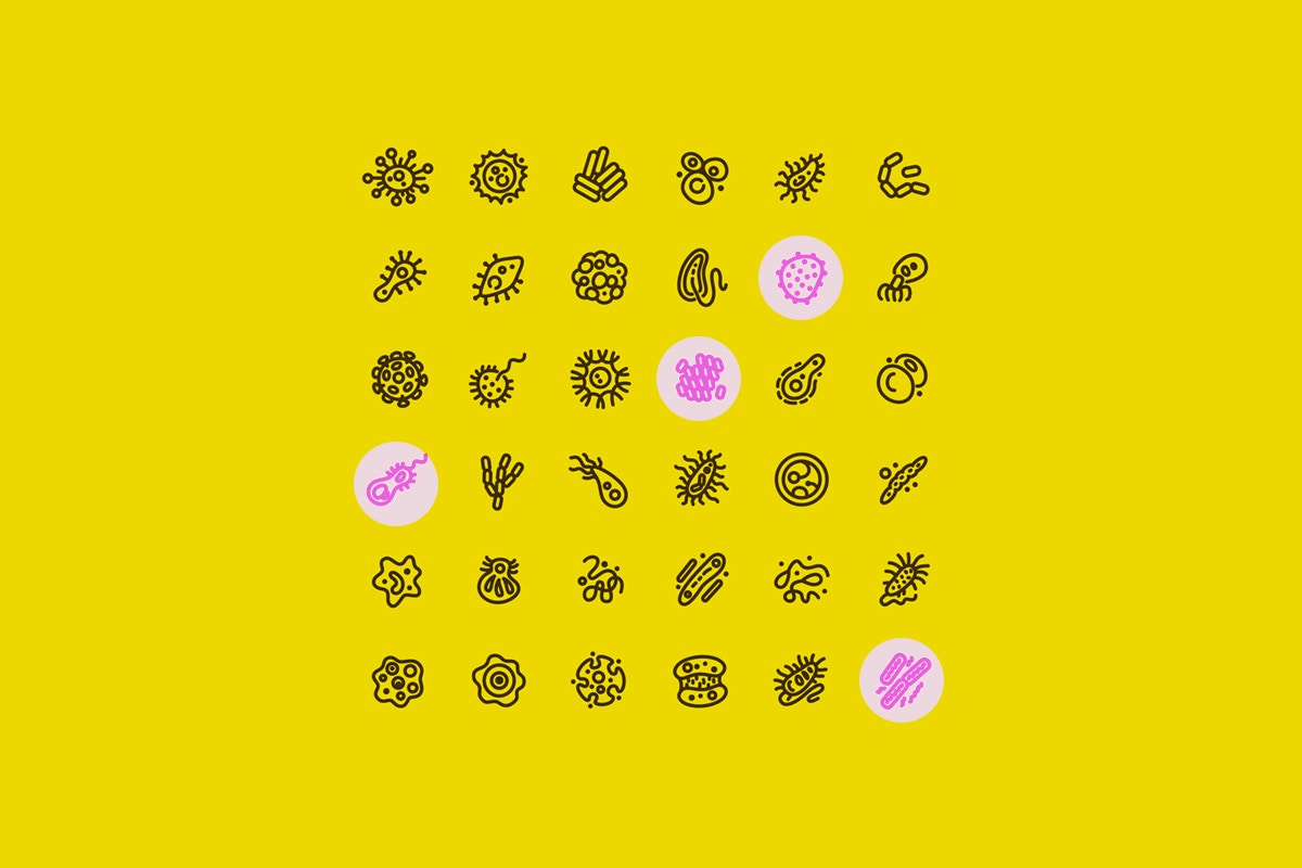 different forms of bacteria in a yellow background