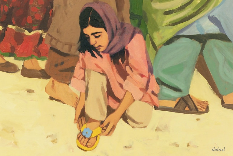 Portrait of a girl putting on her own sandals