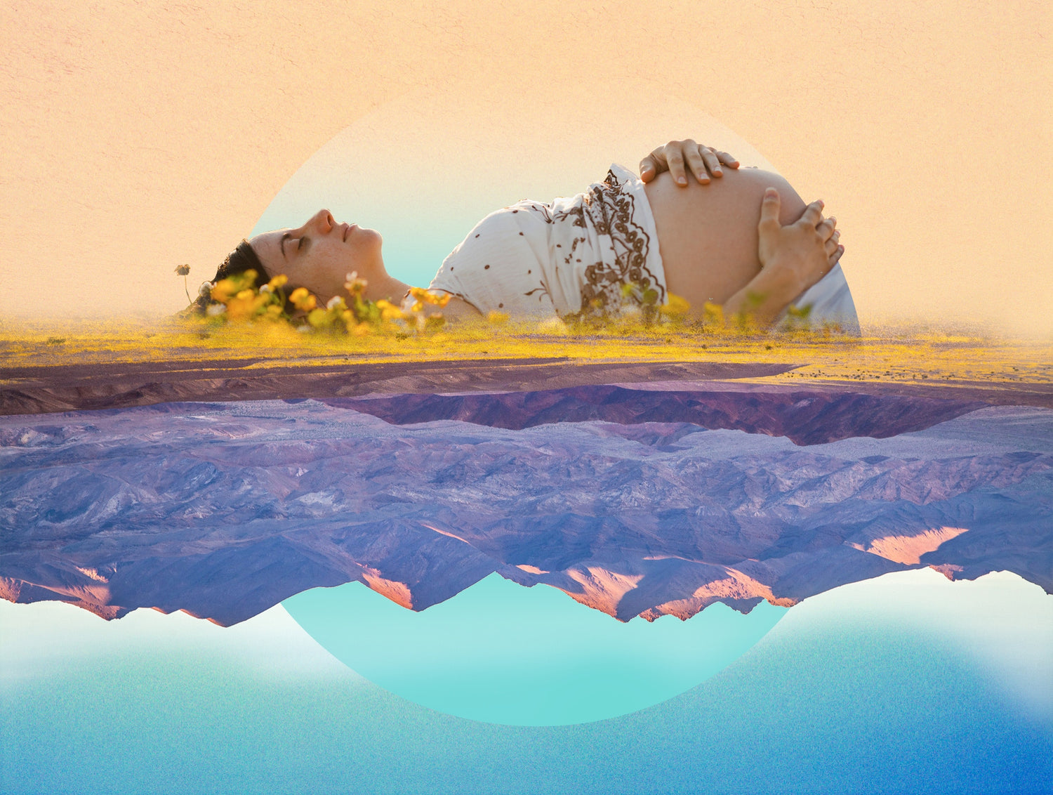 art paint of a mountain and pregnant woman