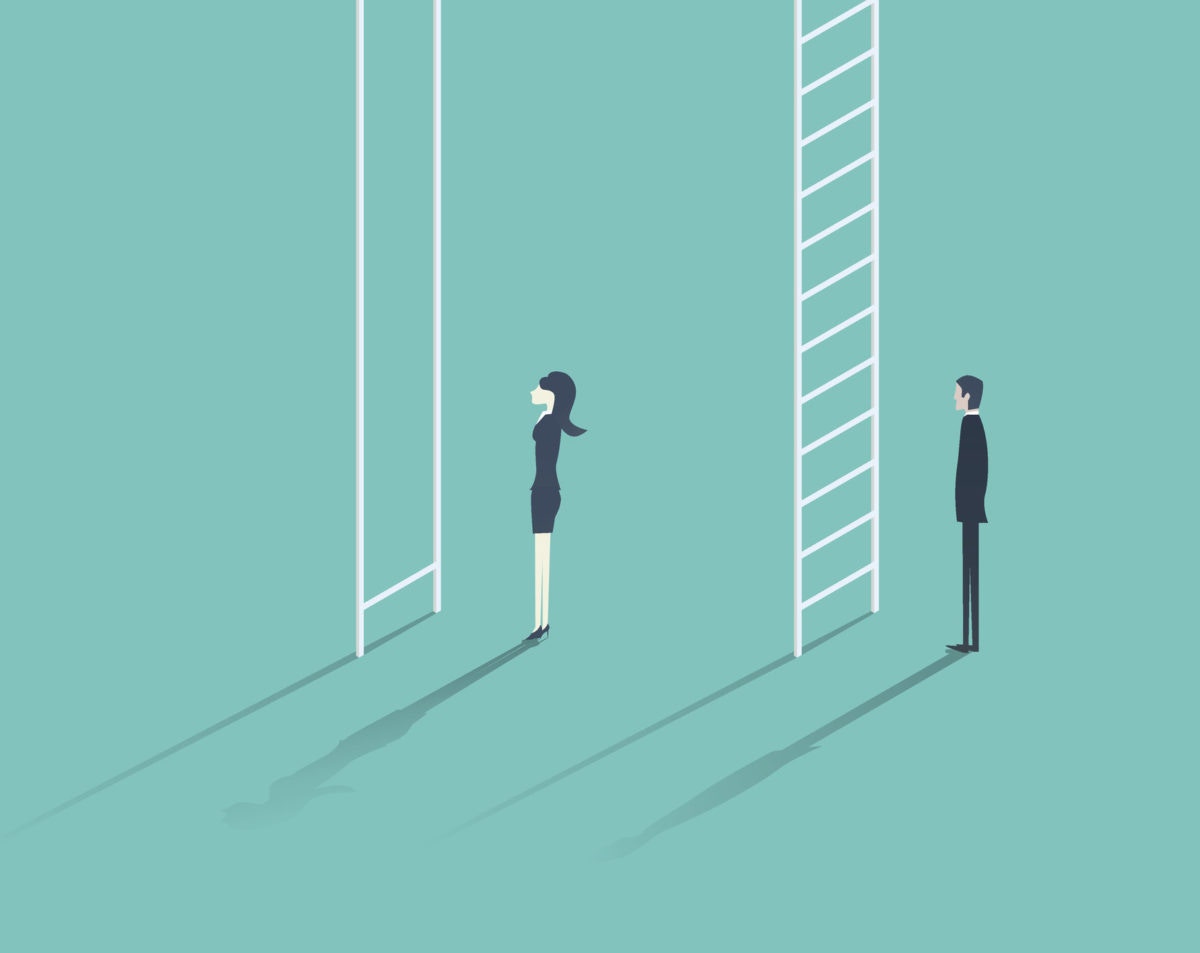 man having ladder with all steps and woman having ladder with only one step