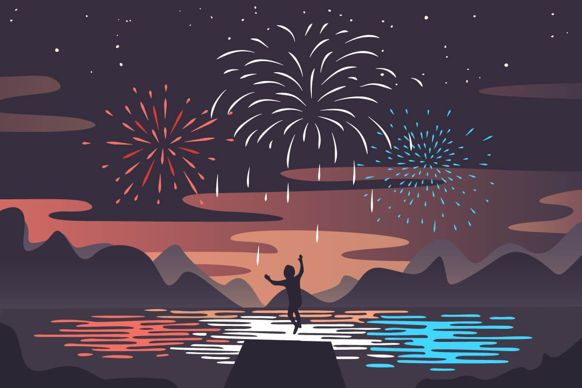 cartoon of young boy with fireworks in the sky