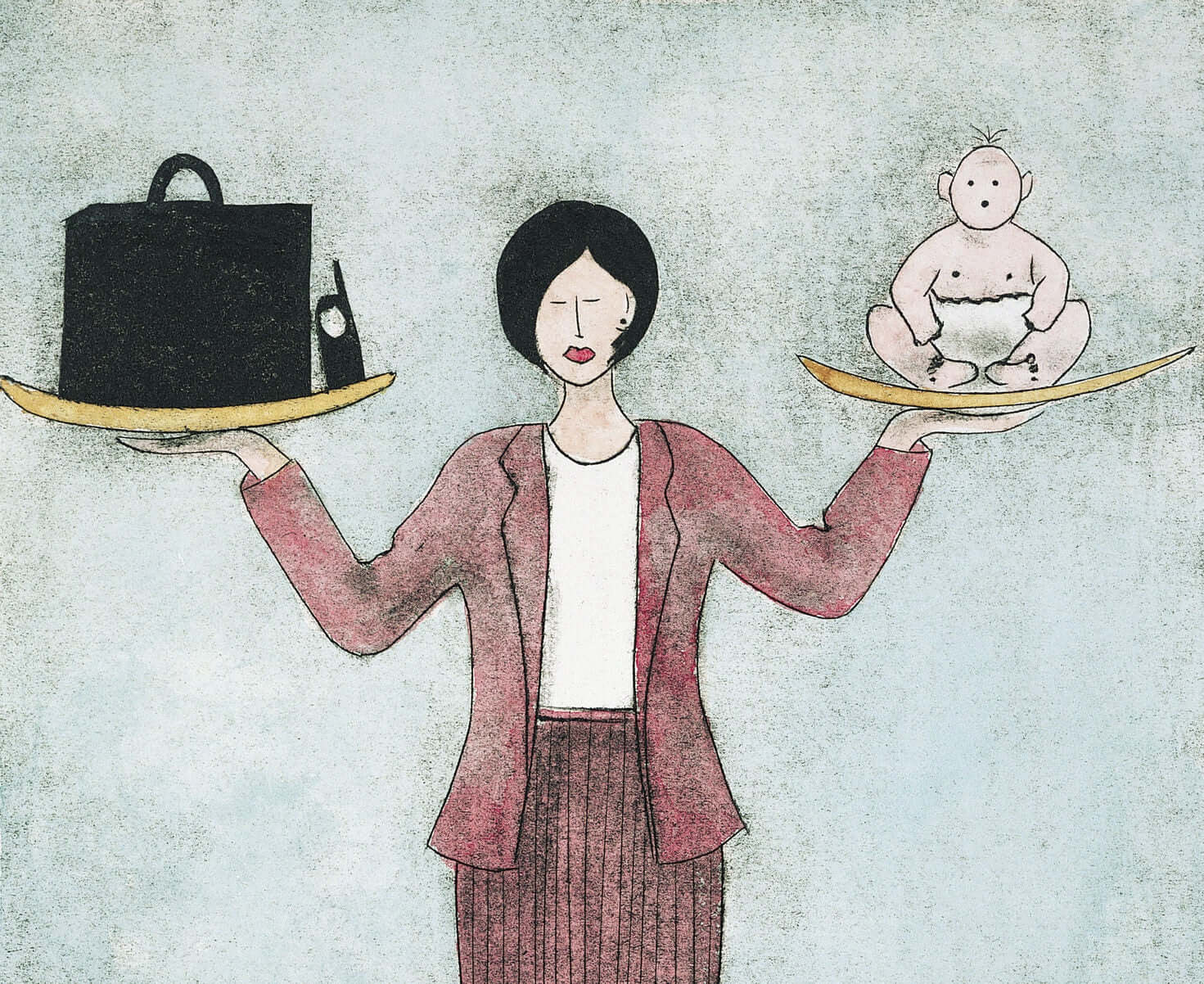 Young woman holding a bag, phone and her baby