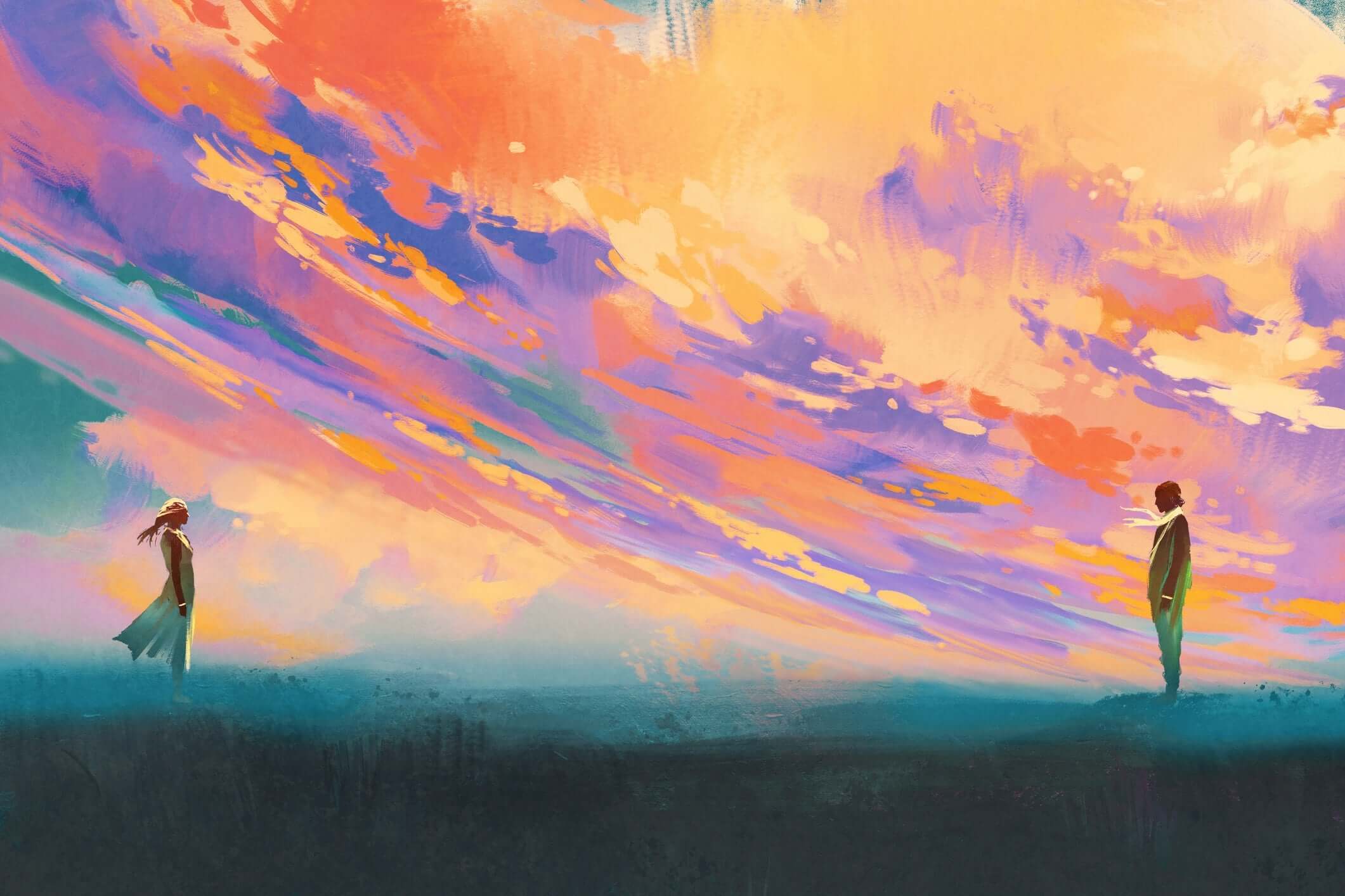 painting of two woman's standing opposite of each other against night forest