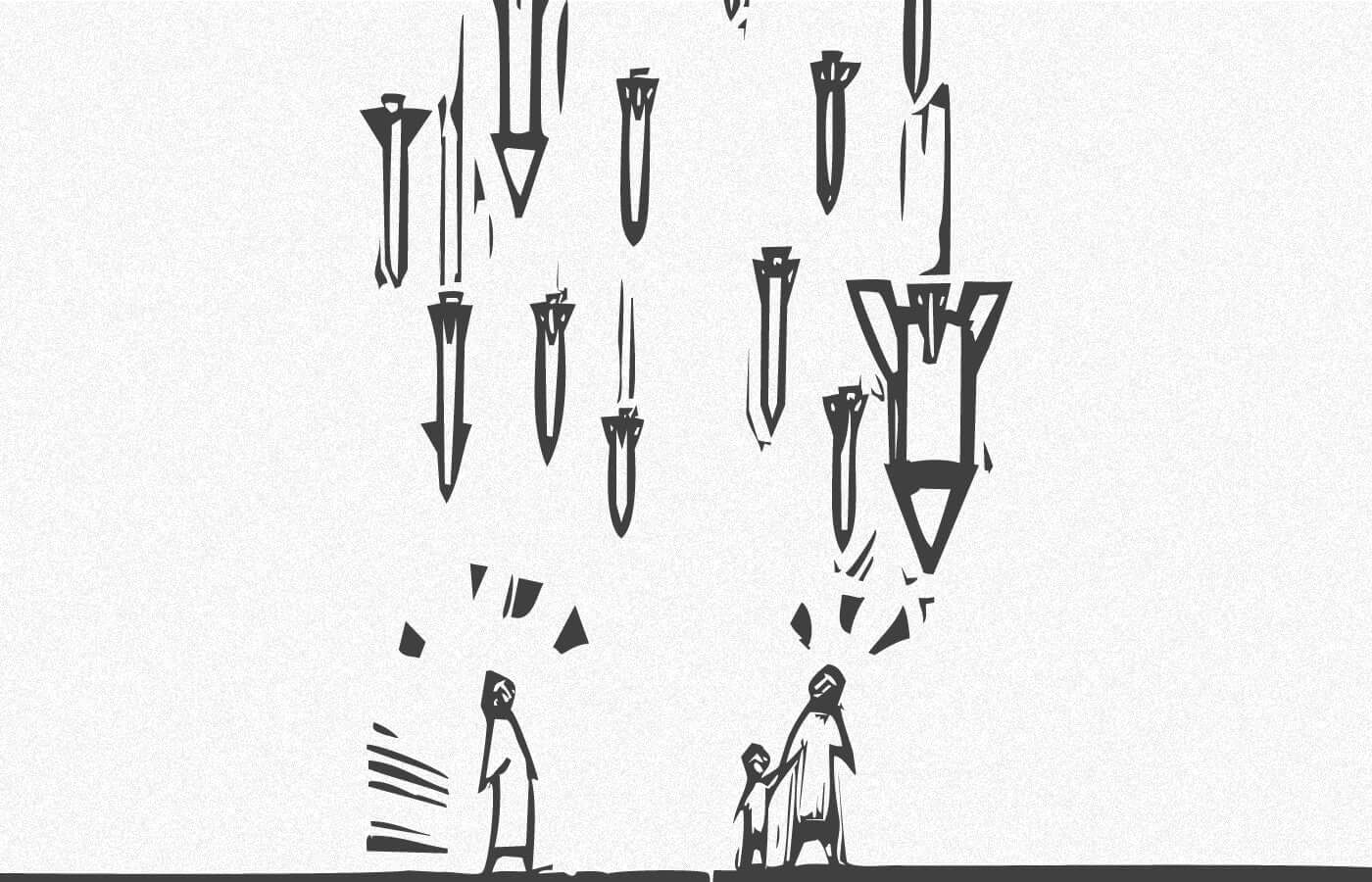 animation of confused people as rocket coming towards them