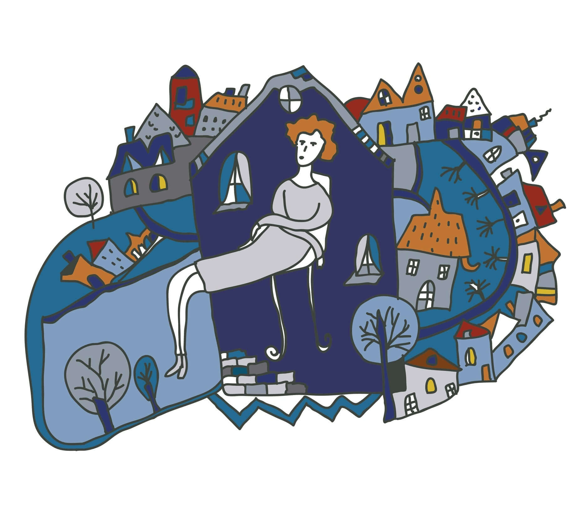 Woman in a house with trees and other houses nearby, all together in a figure
