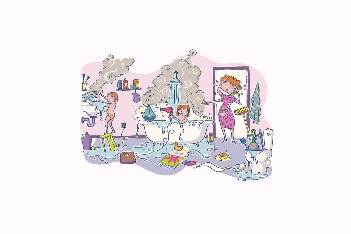 2 children and a confused mother in a disorganised bathroom