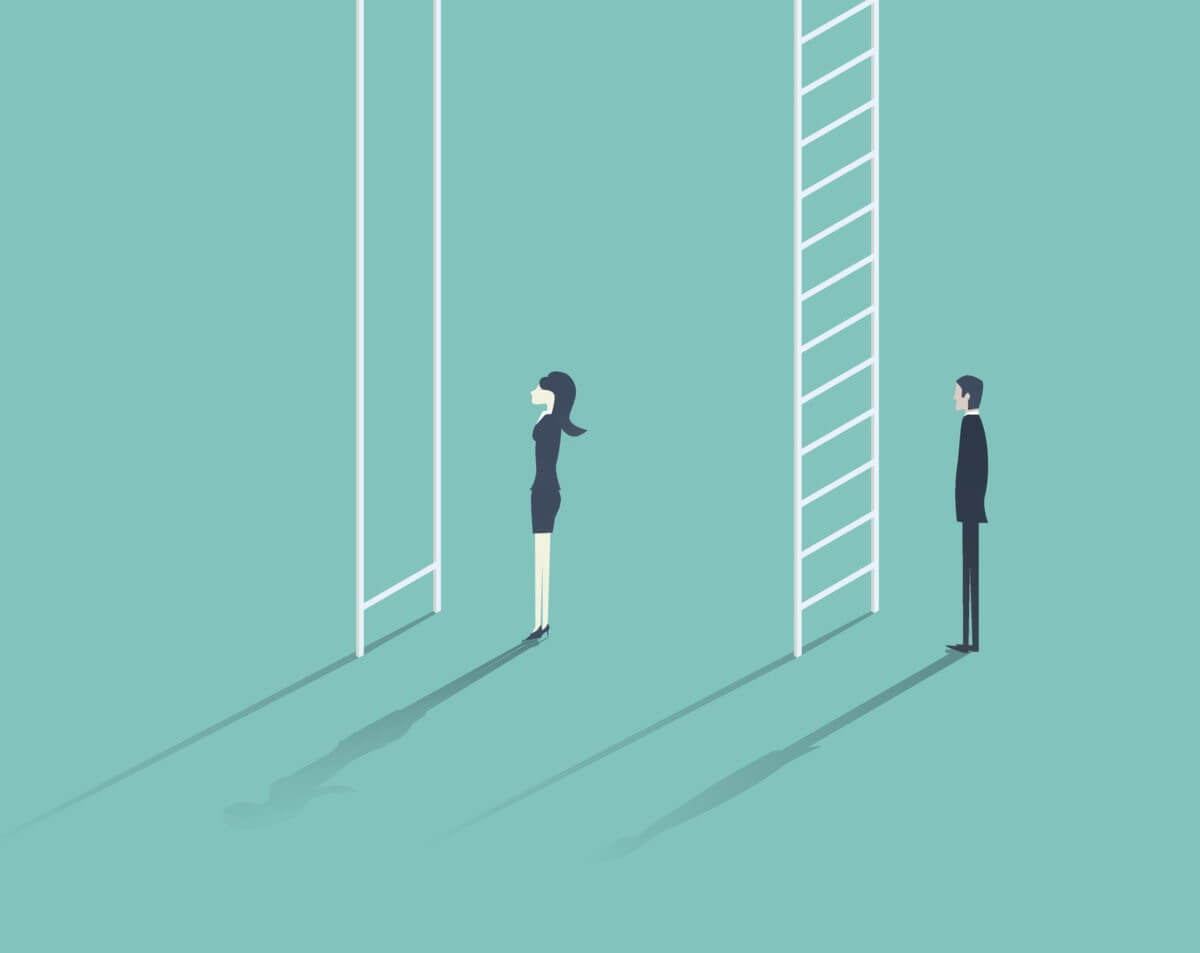 man having ladder with all steps and woman having ladder with only one step