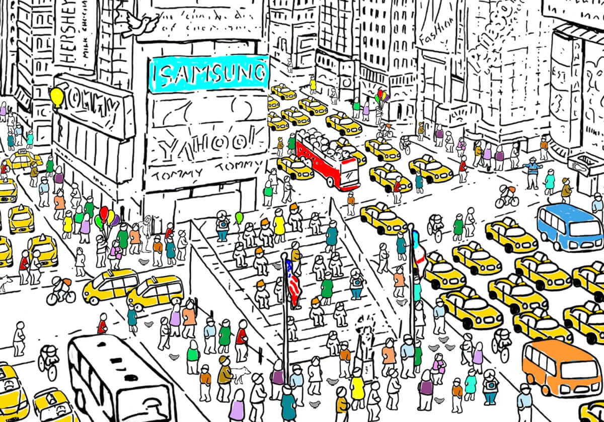 Cartoon of people at trafic and buildings