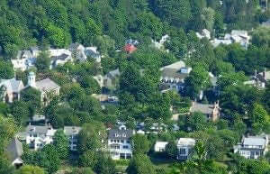 top view image of group of houses among the trees
