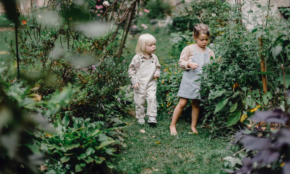 tow kids playing in a garden