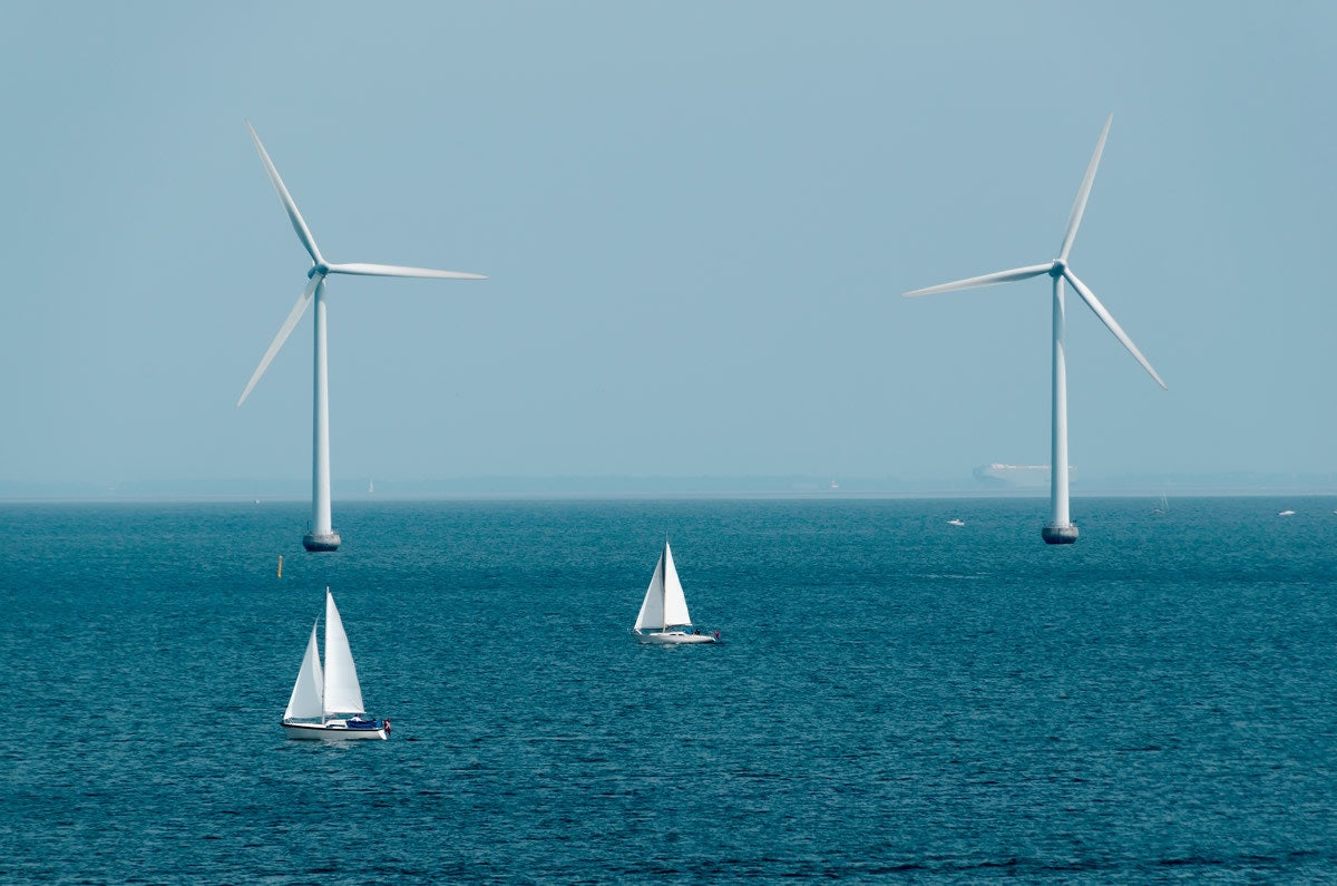 sea with two boats and two wind turbines