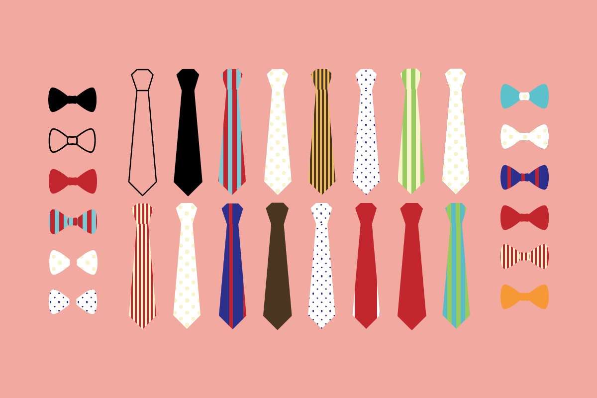 cartoon of ties and bow ties various styles and colors