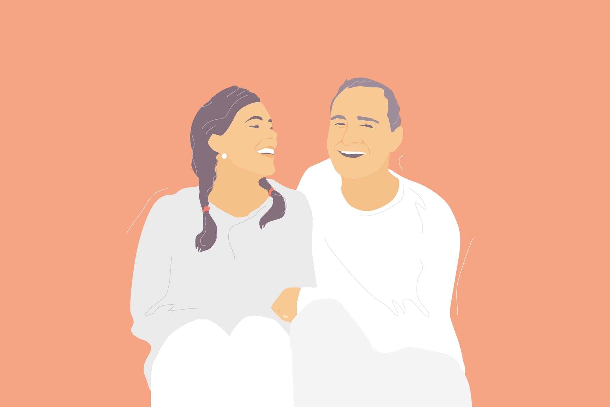 painting of a women and man in white with an orange background