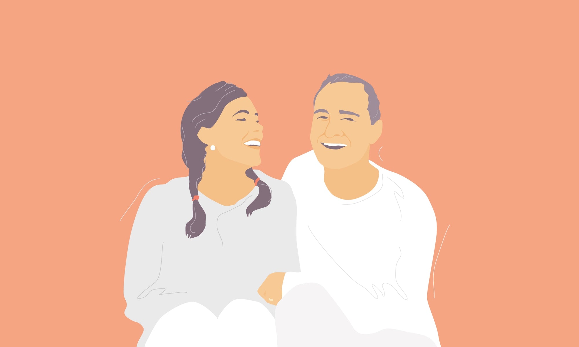 painting of a women and man in white with an orange background