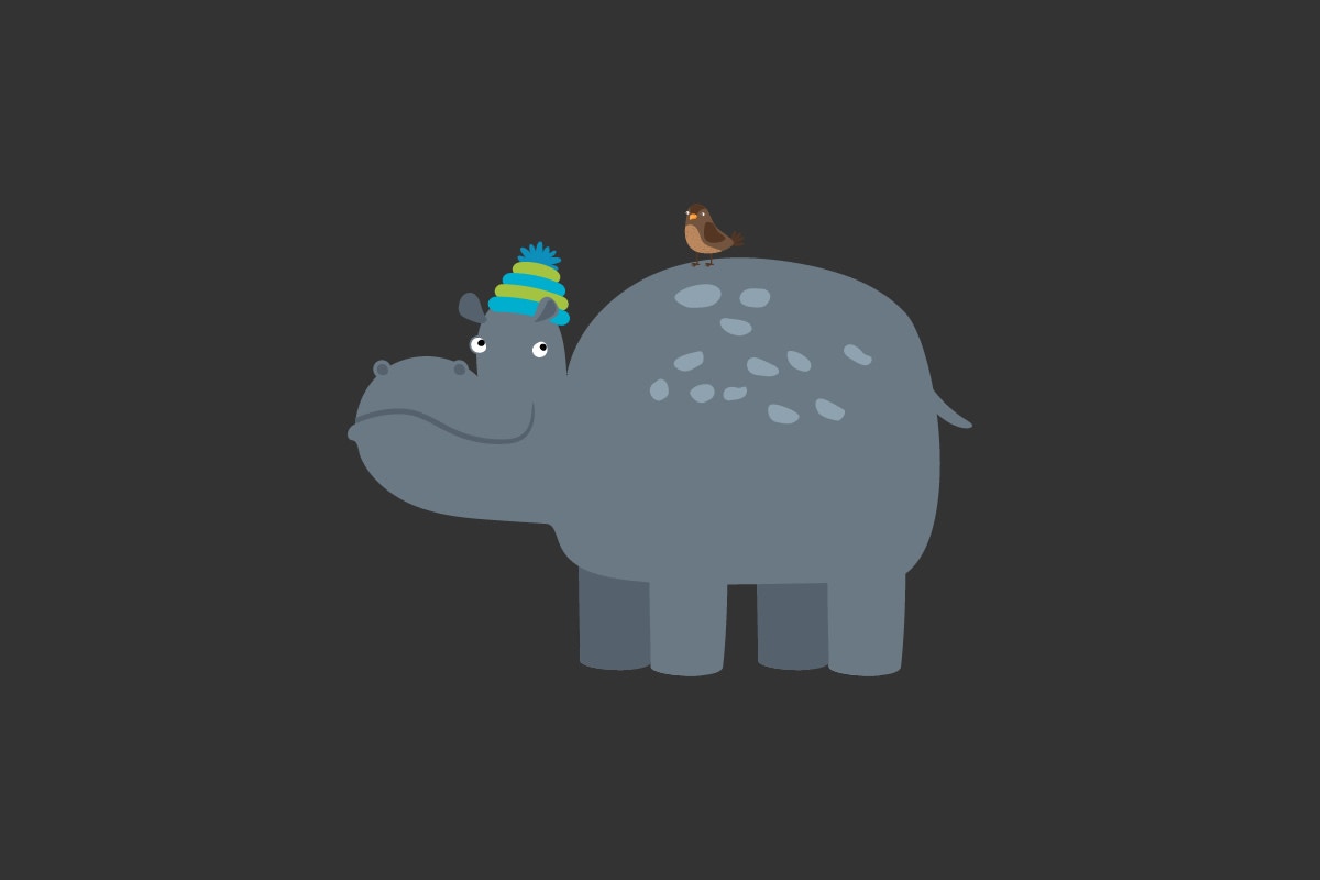 cartoon hippopotamus with a hat and a bird on its back