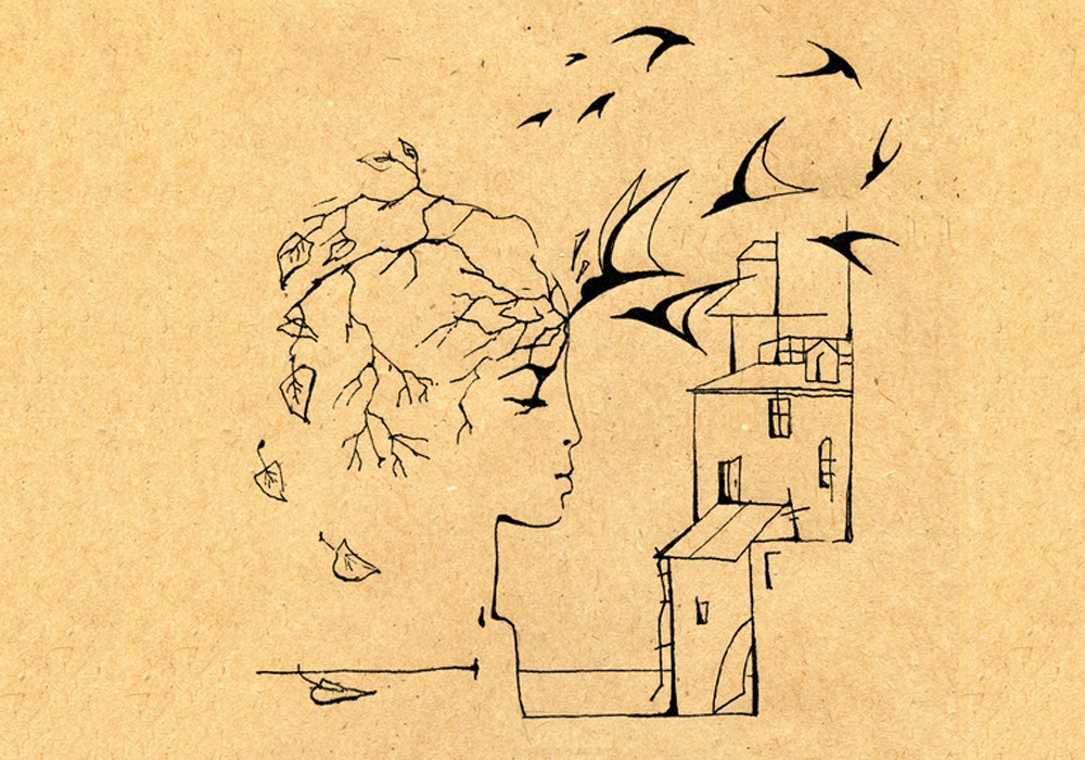 Sketch of a person, birds and a house