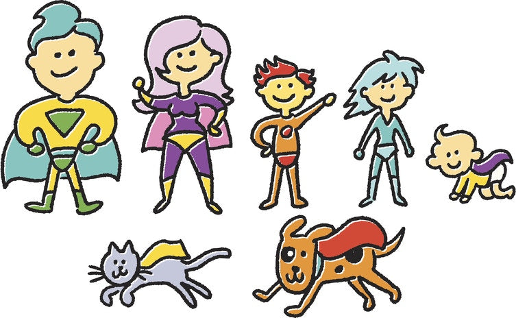 Cartoon of super human family with super animals