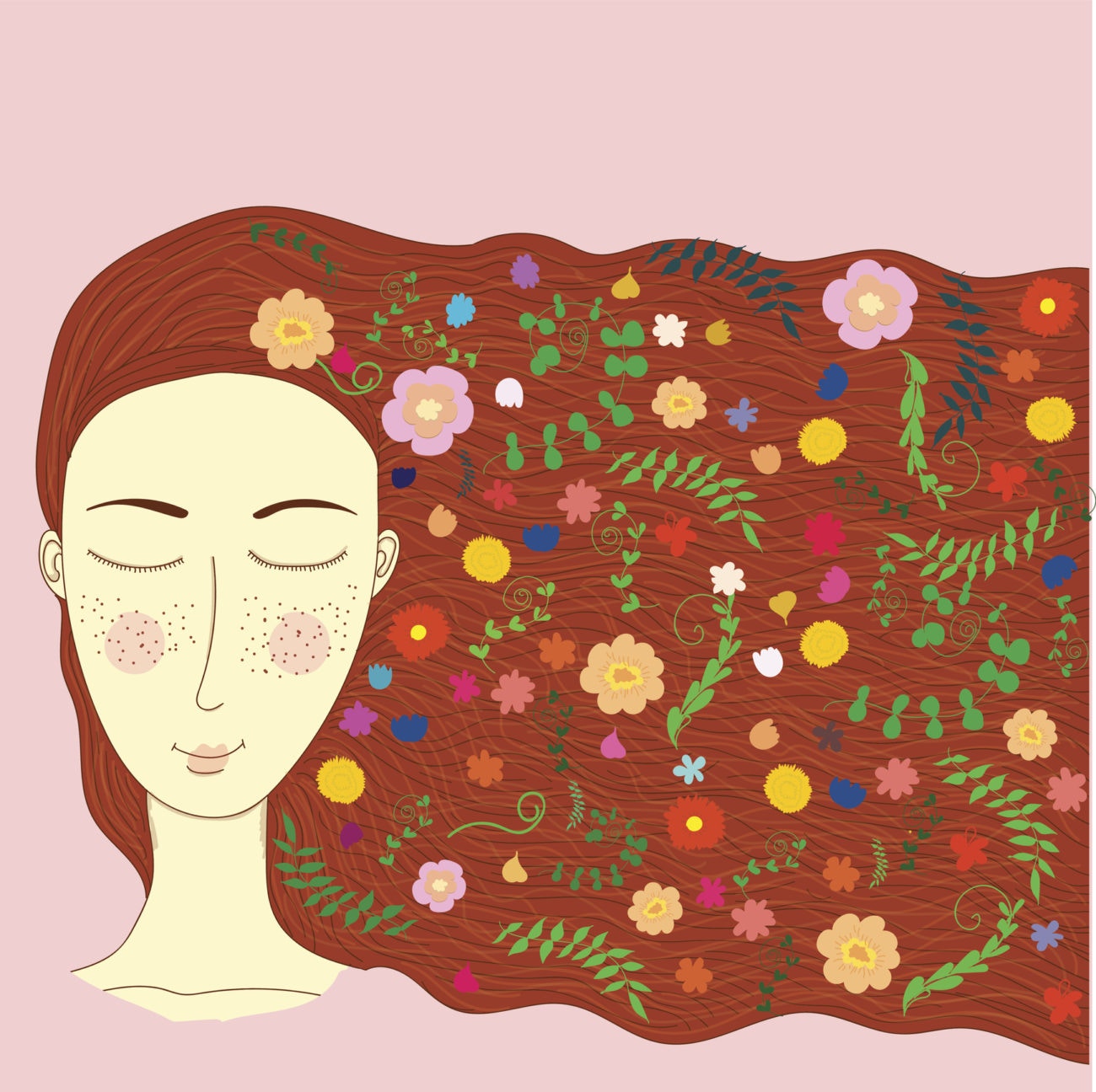 cartoon girl with long wavy hair covered with flowers