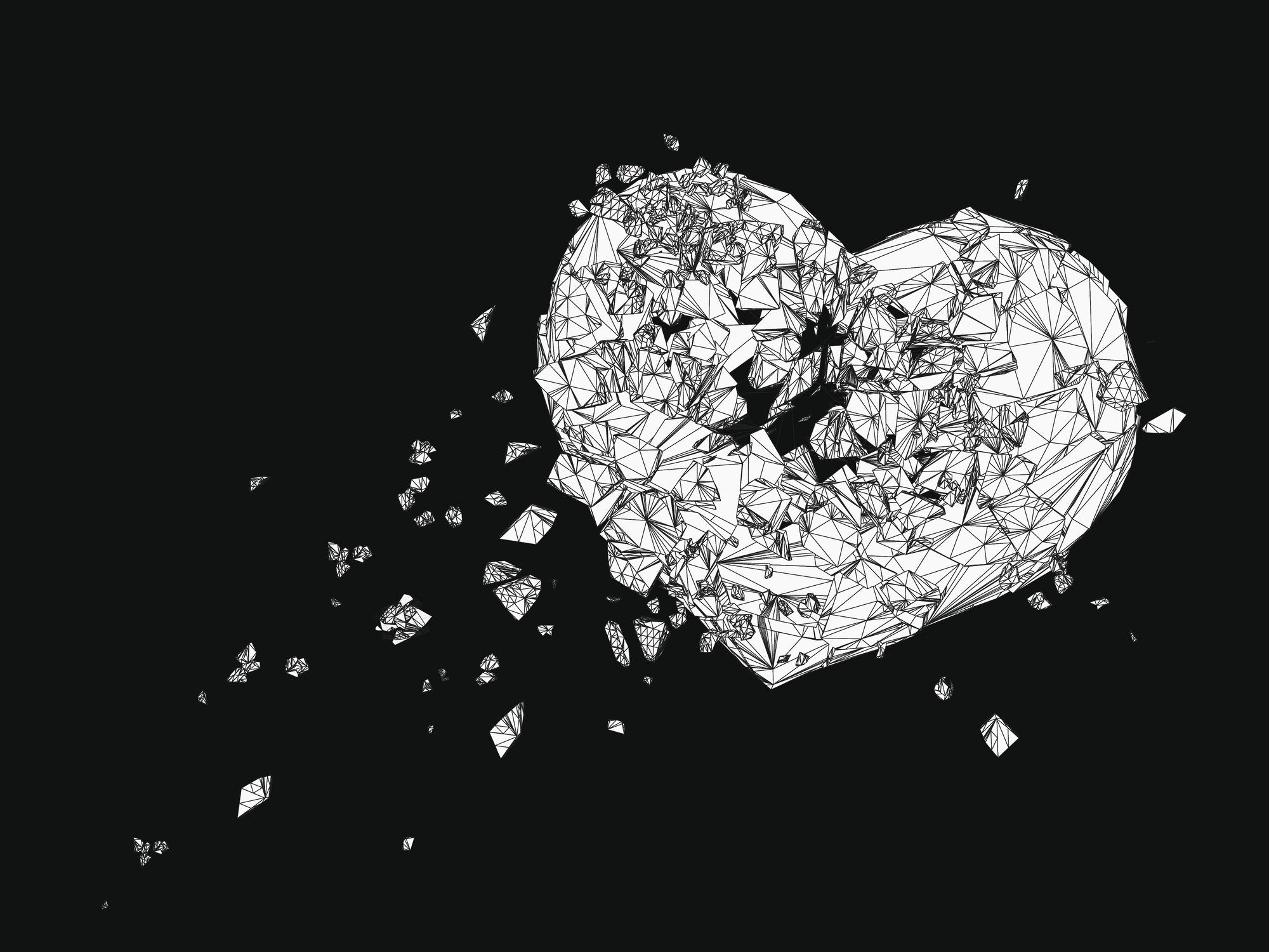 Polygonal broken heart drawing graphic in black and white