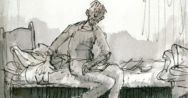 drawing of a man sits on the bed