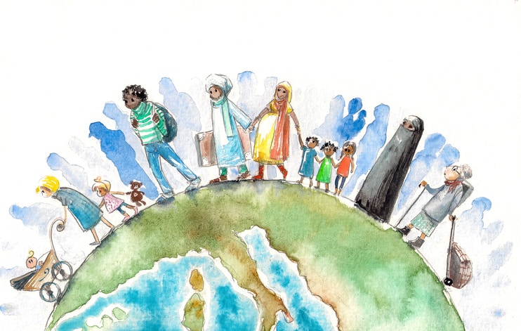 different religion people on the globe illustration