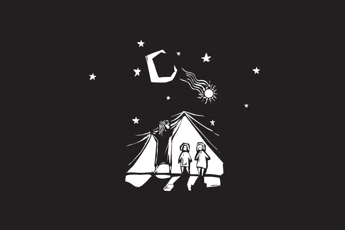 tent icon with people ,moon and stars illustration