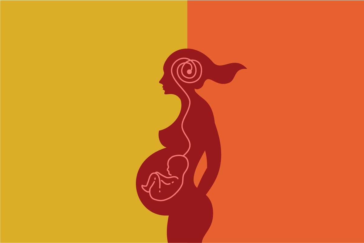 red orange and yellow image of pregnant women with child