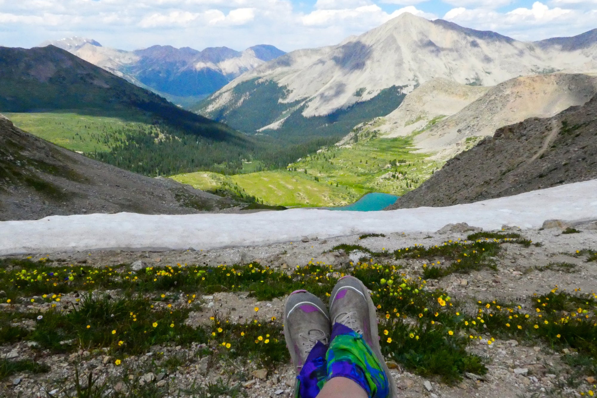 Person sitting on a high mountain top with first person perspective view, legs in focus