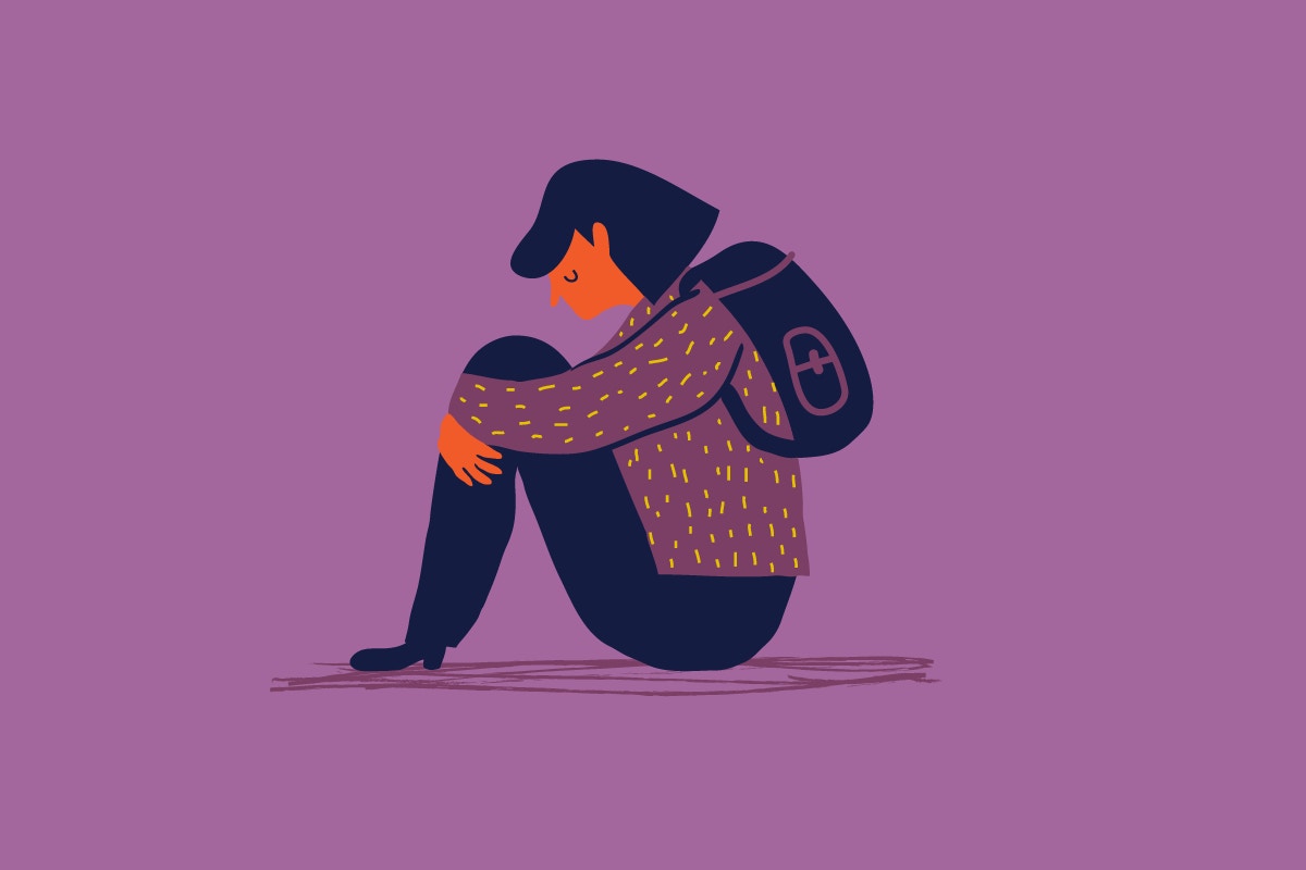animation of young girl with backpack sitting and holding knees