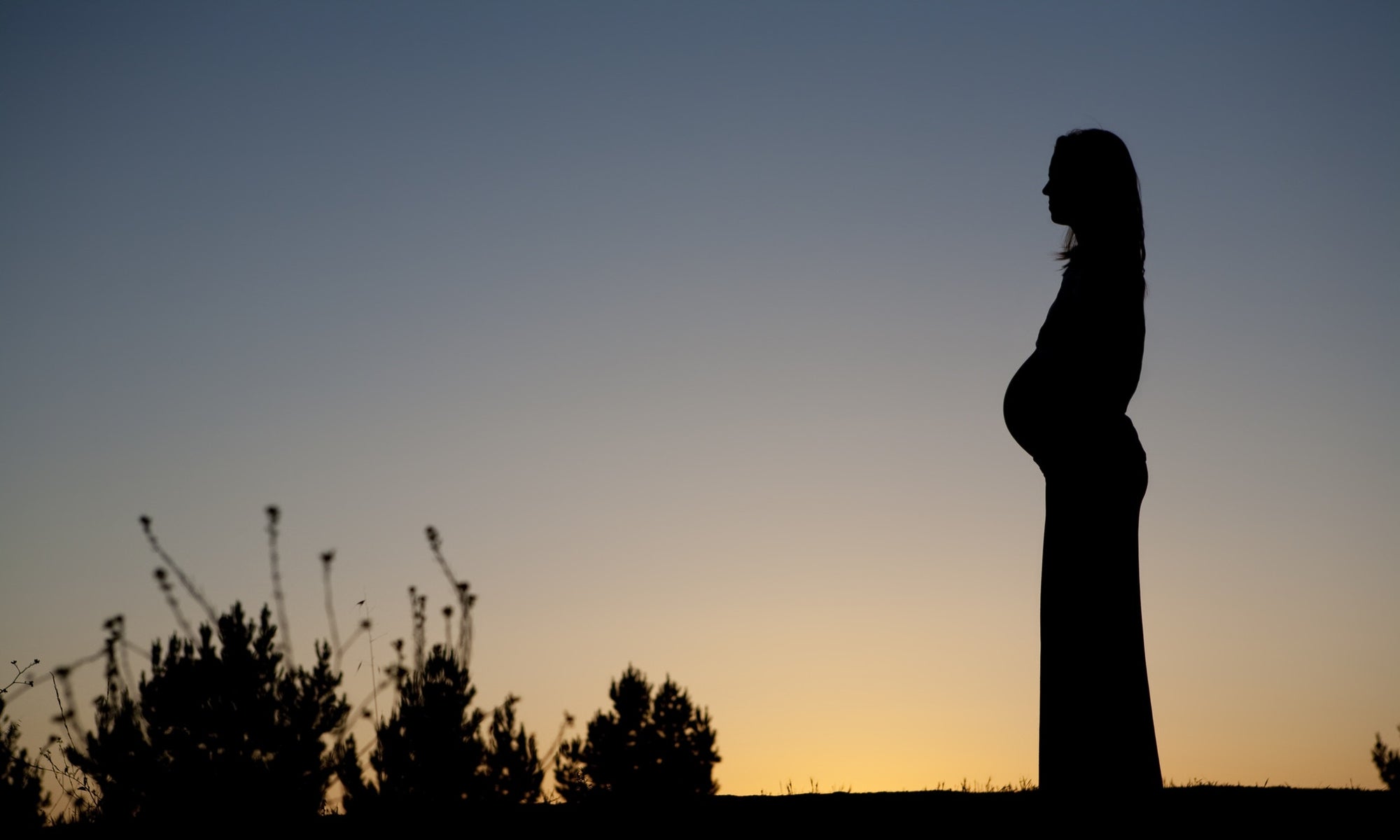 pregnant woman at sunset with solid color background
