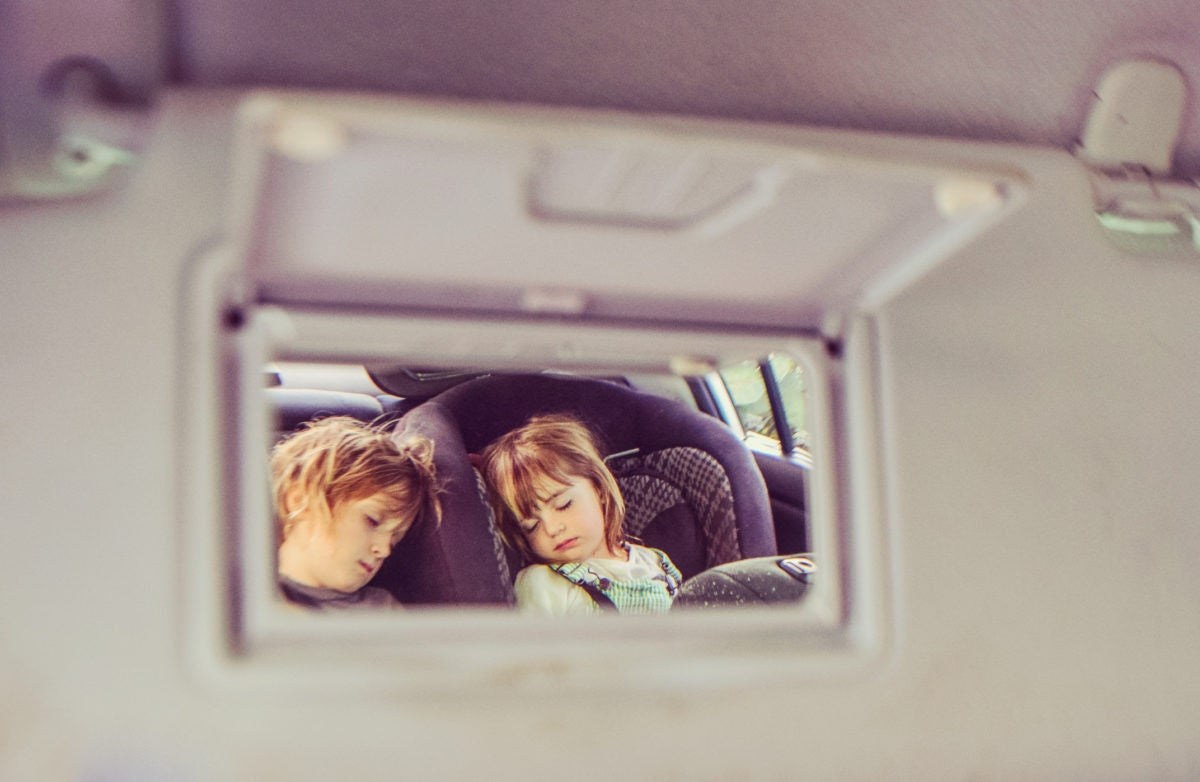 From window view, children sleeping on cars seat