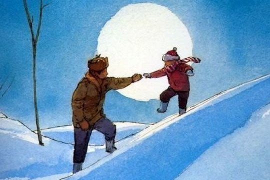 Father and kid is playing in a snow fall