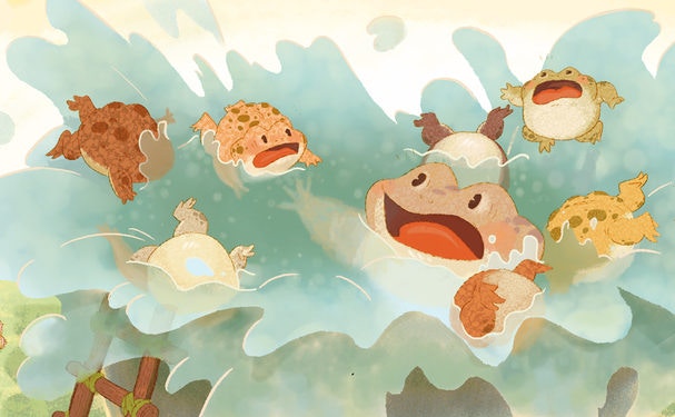 Cartoon of frogs playing under water