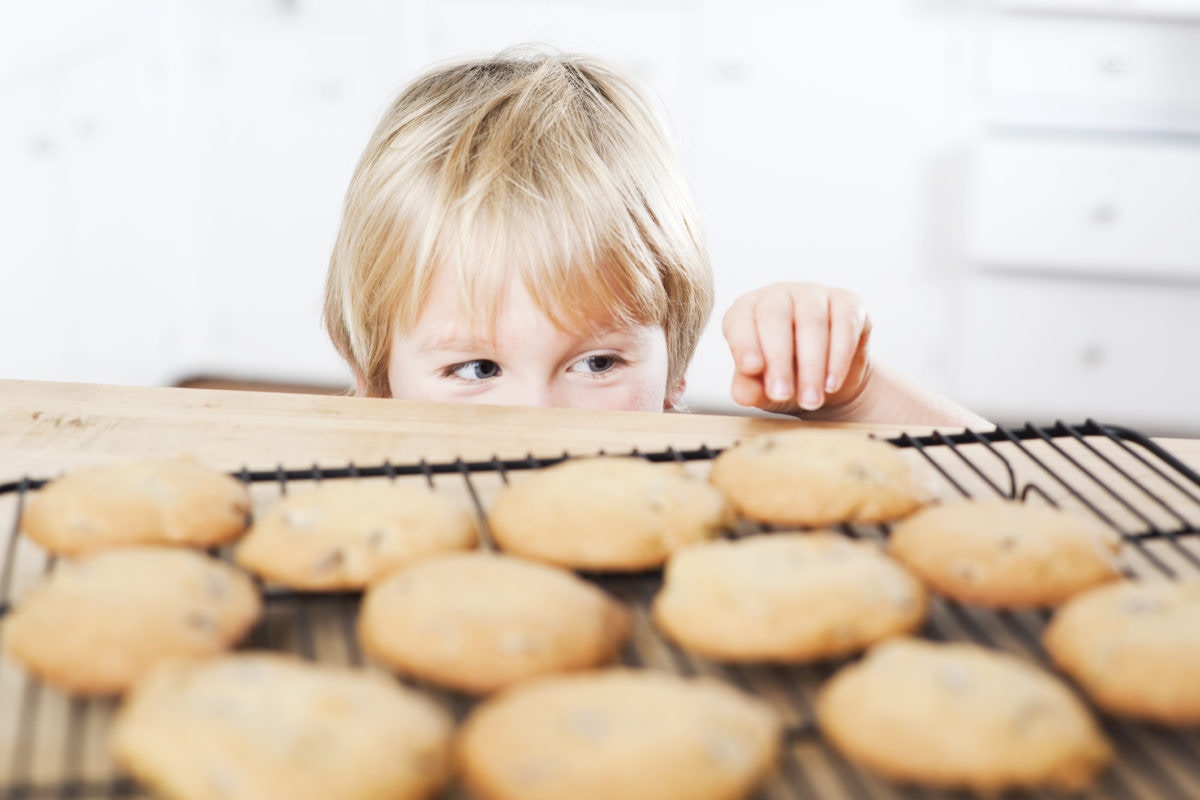 A kid wants to take baking biscuit