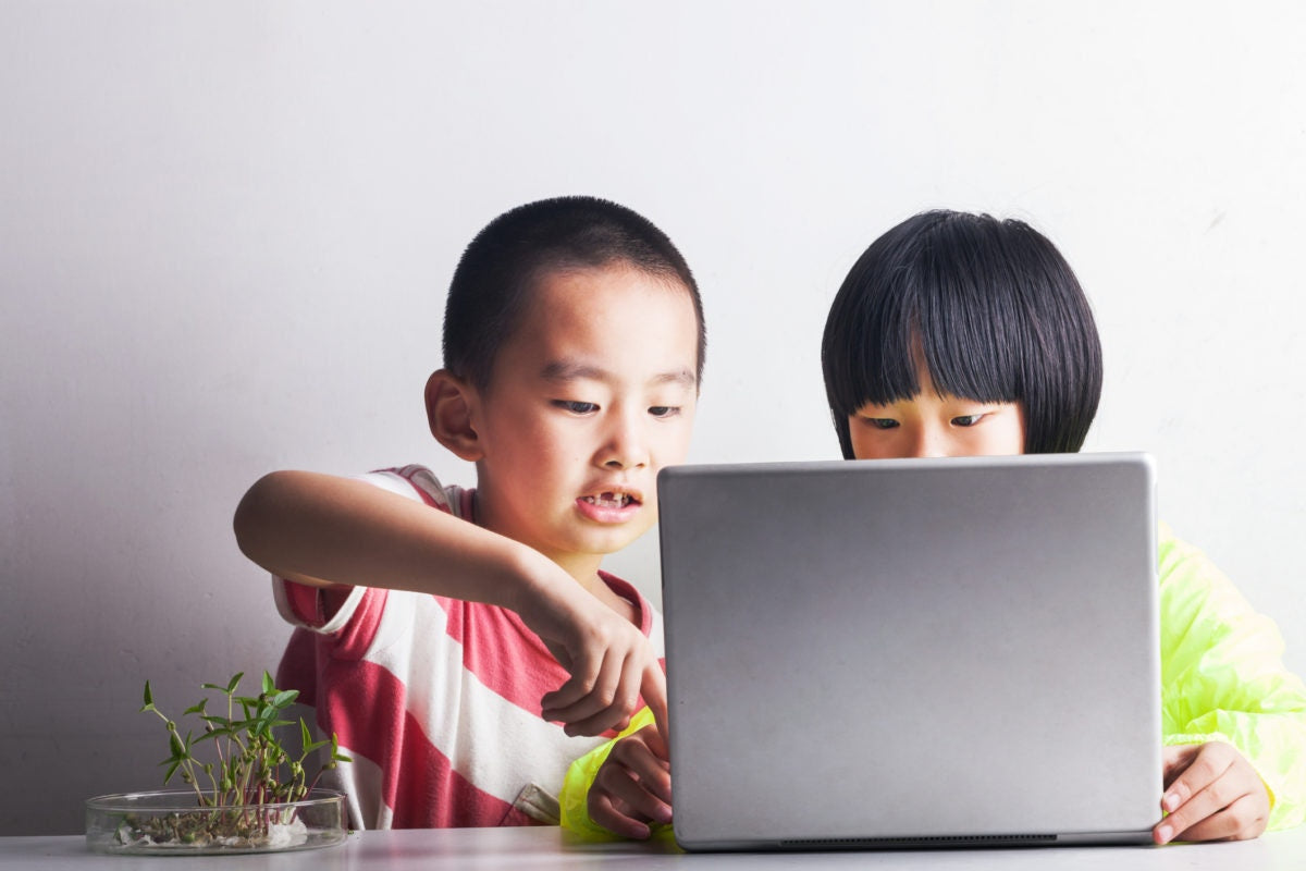 Two children using a laptop