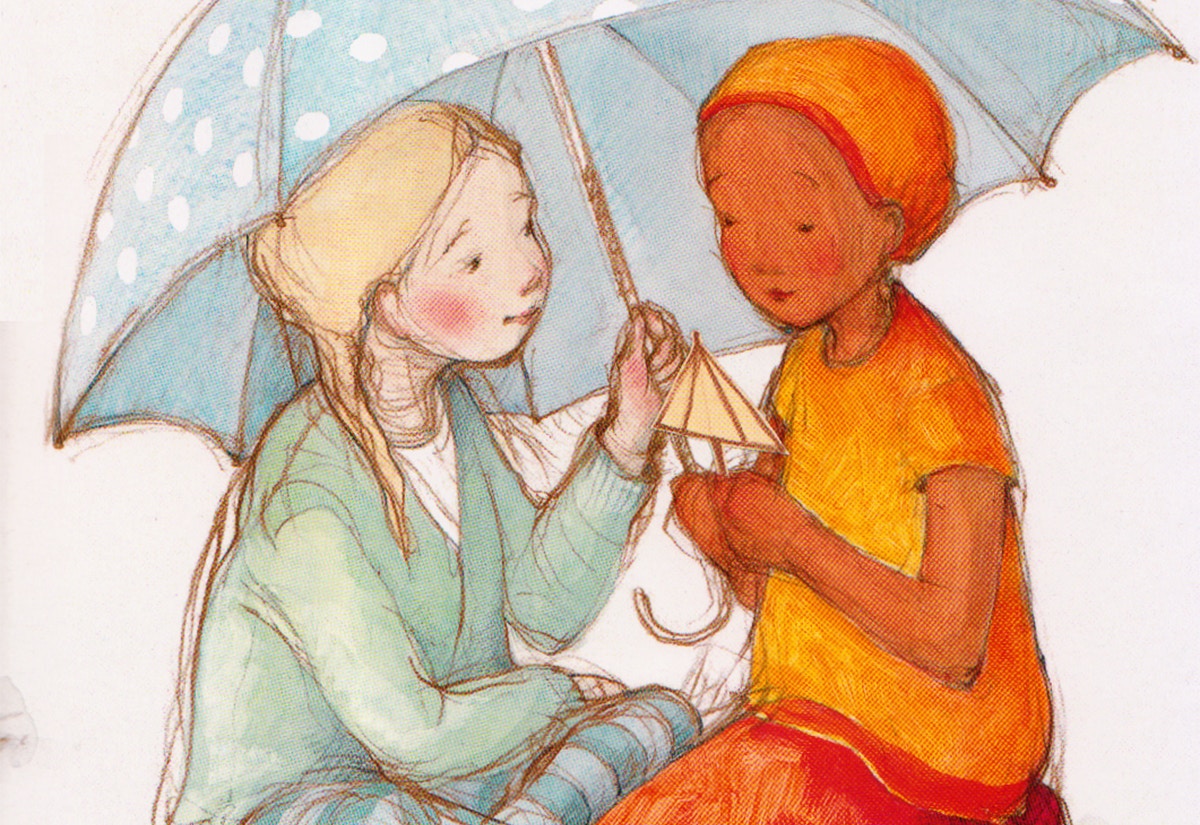 Painting of two person under the umbrella