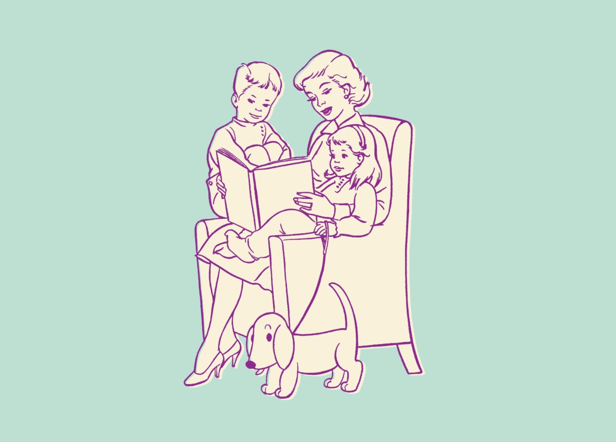Mother reading a book with her children, sitting on a chair, dog roaming around