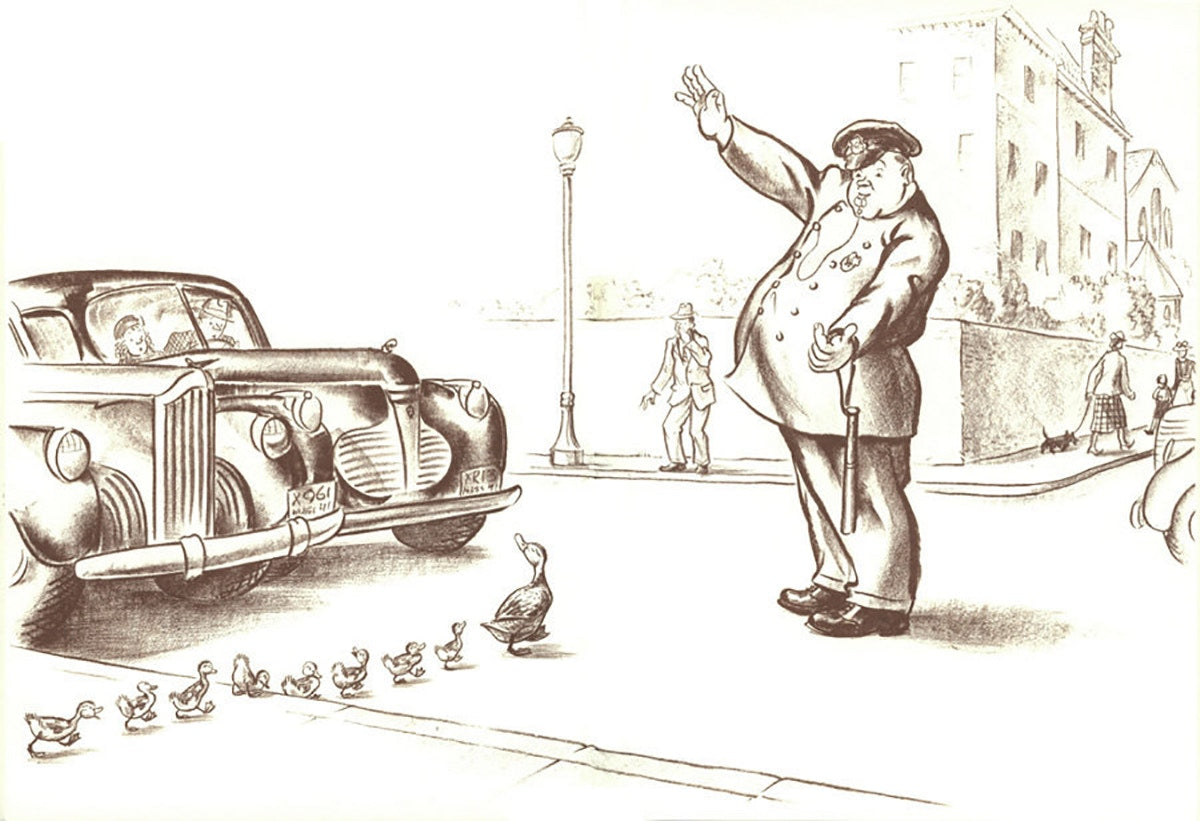 man stopping cars and allowing ducks to cross