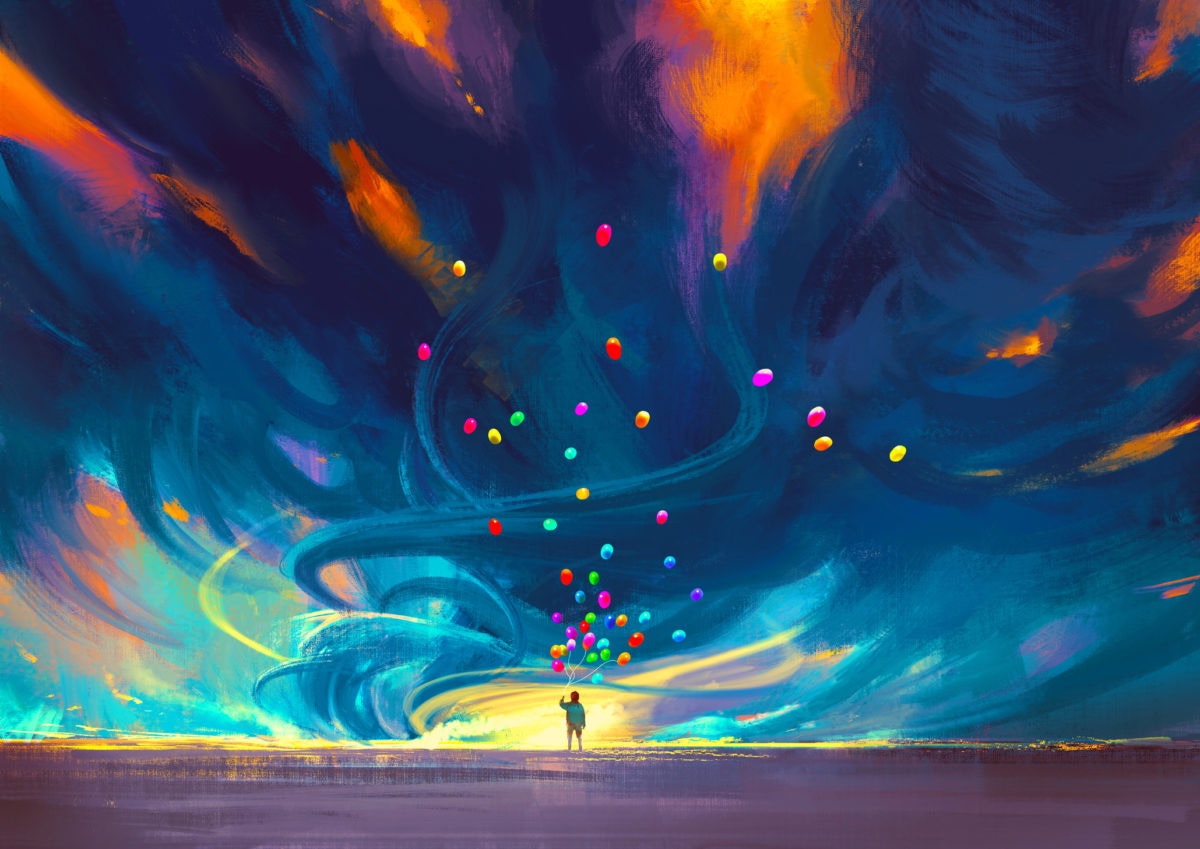 Child Holding Balloons Standing in Front of Fantasy Storm Illustration