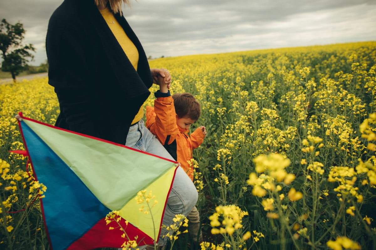 mom and son walking in a summer park on the grass with yellow flower, holding a kite