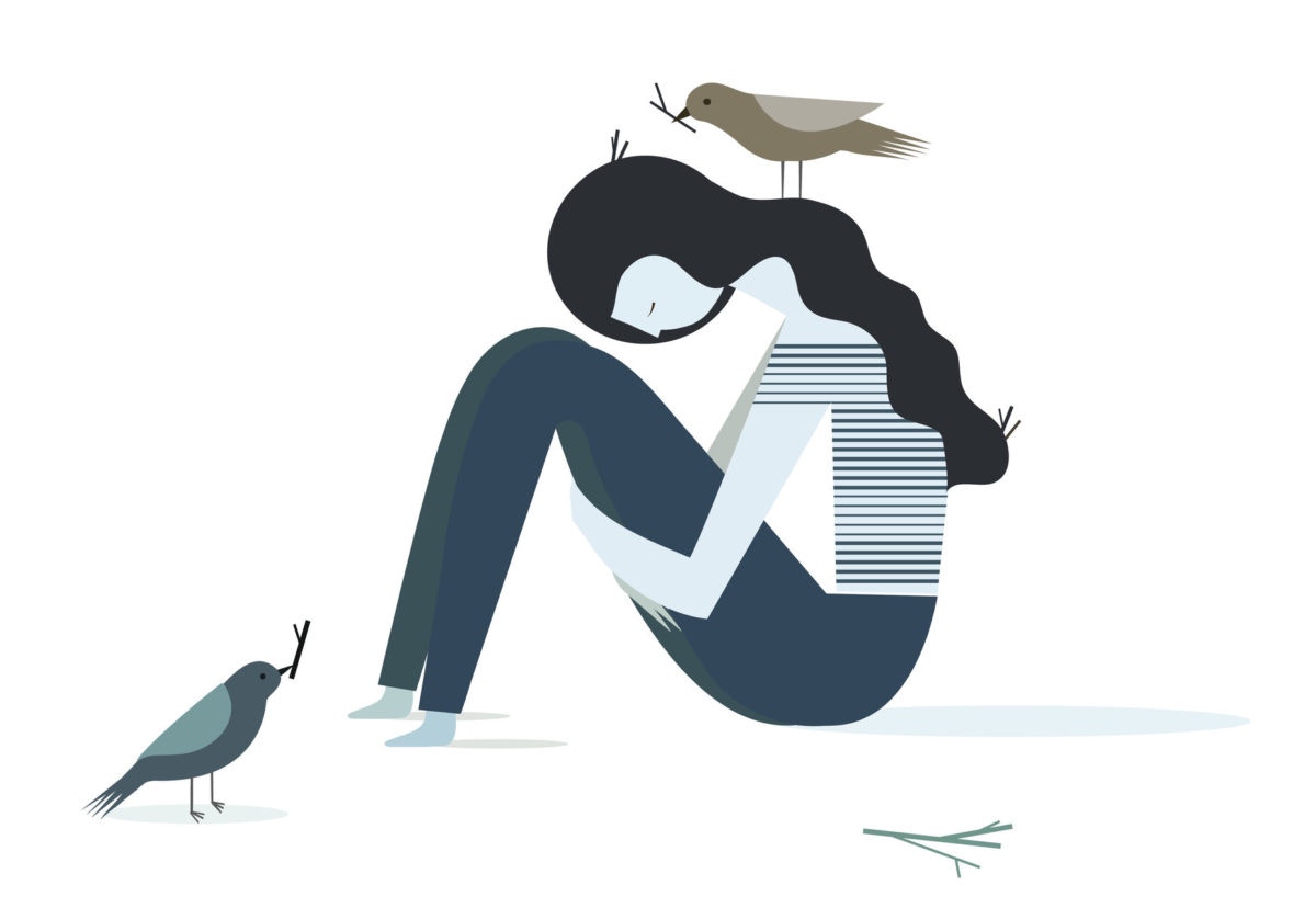 animation of sad lady hugging her knees , birds with straws next to her