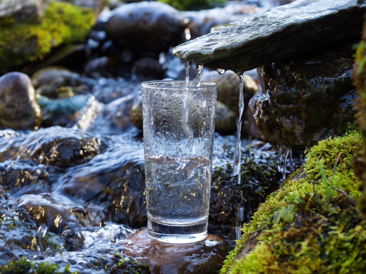 clear water in a clear glass against a background of green moss with a mountain in the background