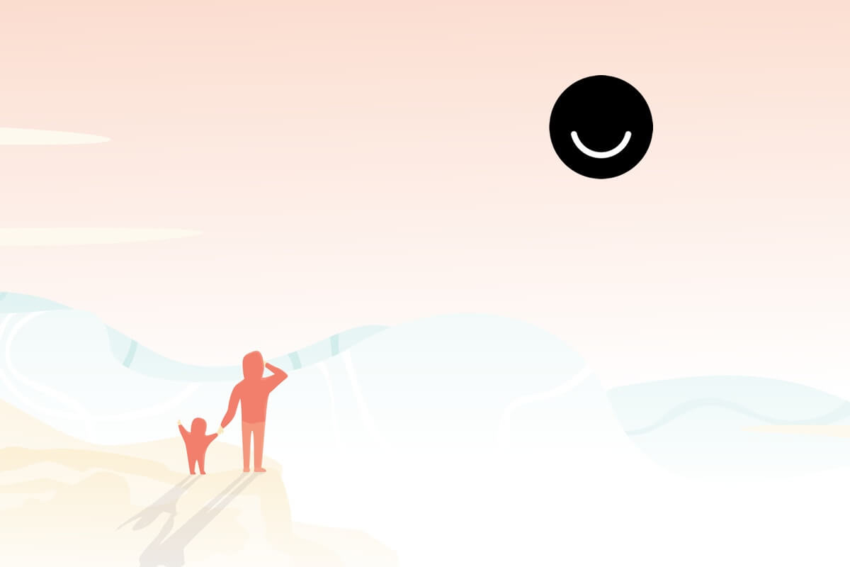 painting of a child and person looking a black circle that is smiling