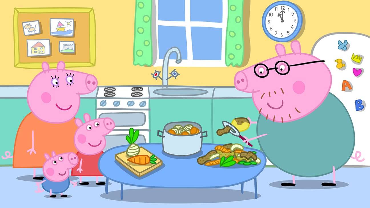 Drawing of pigs making food in a kitchen