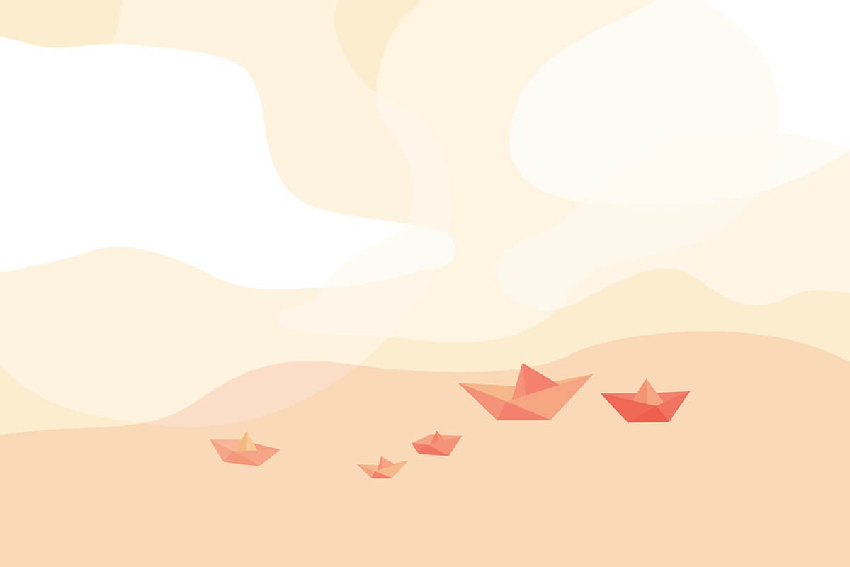 painting of paper boats on an orange yellow white background