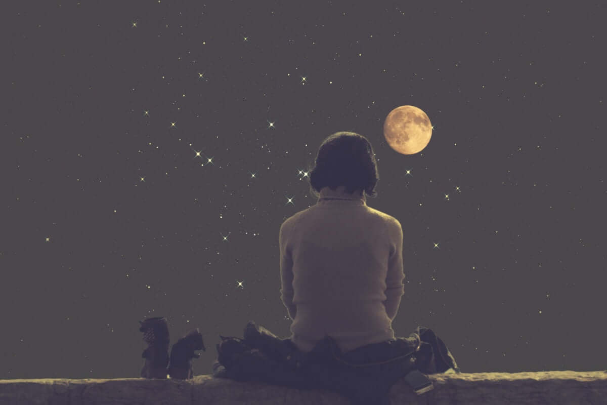 rear view of  and moonwomen looking at stars