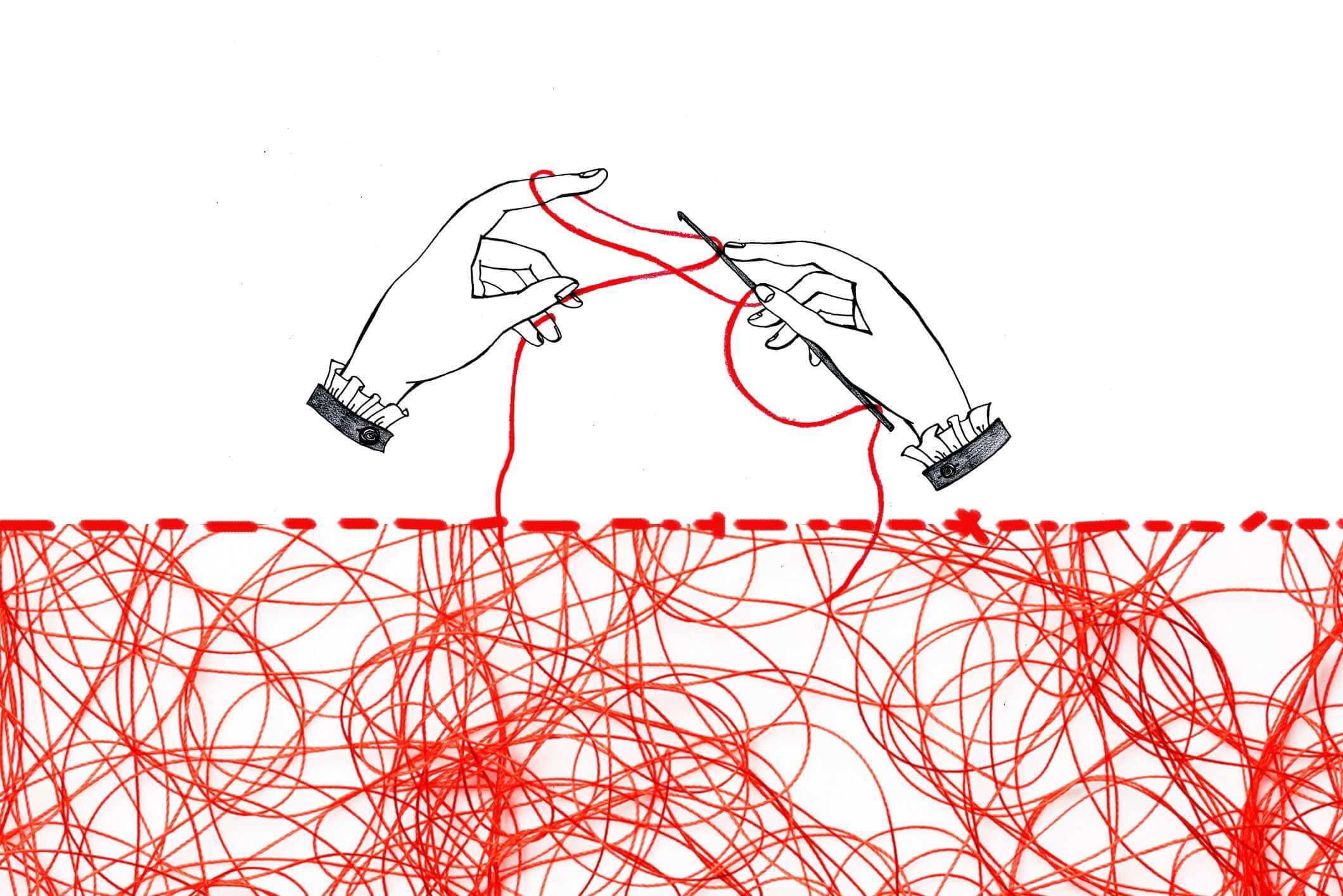 Drawing of hands doing knitting